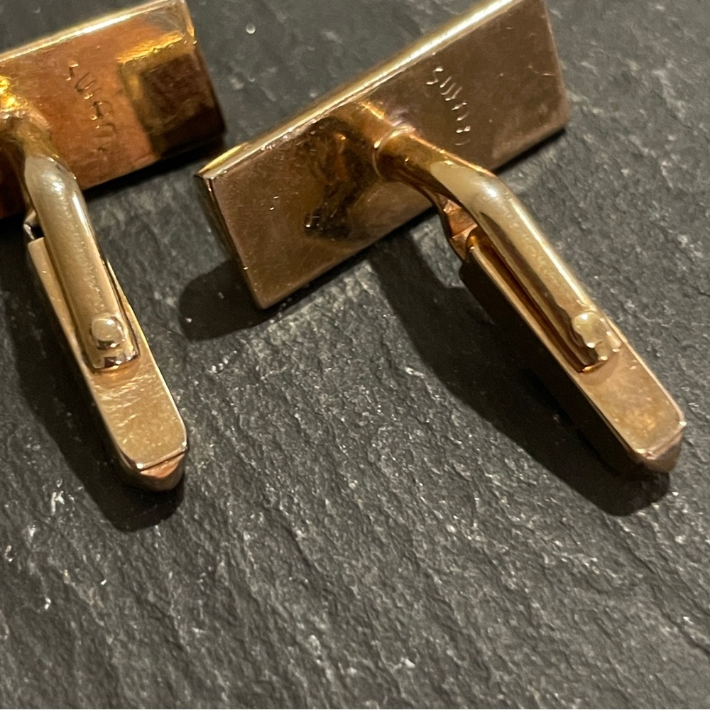 Vintage SWANK Gold Tone Cufflinks Brown Leather Inset - Picture 6 of 7